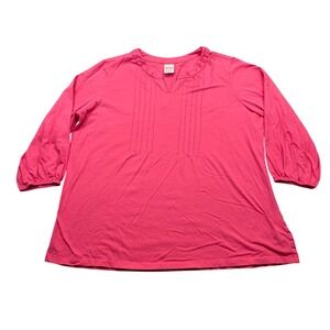 Blair Womens 2XL Pink Embroidered Pintuck Split Neck 3/4 Sleeve Cotton Knit Top